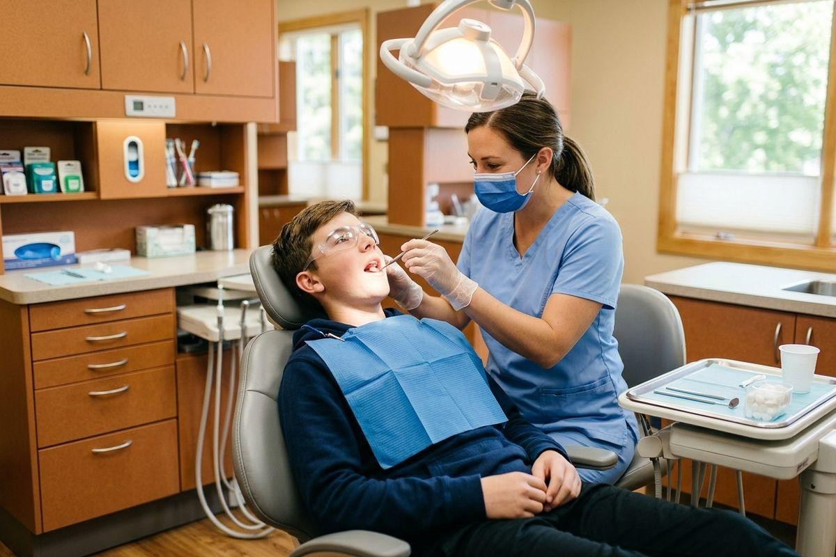 Une hygiéniste dentaire examinant la dentition d’un jeune patient.